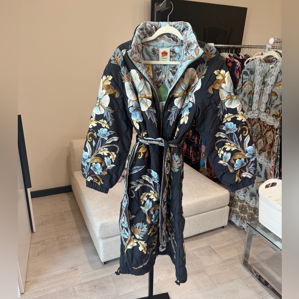 Farm Rio: Black Flowerful Snake Garden Reversible Maxi Puffer Jacket - Picture 4 of 14